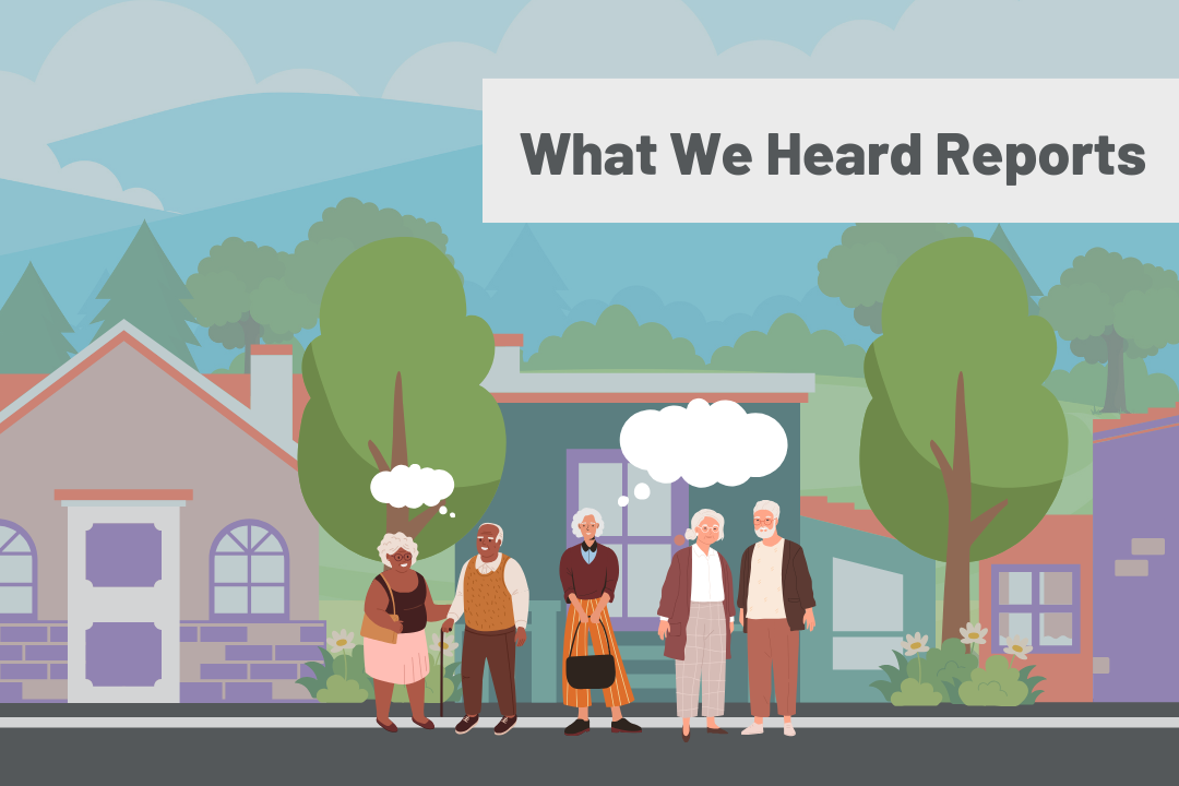 icons of older adults families standing in front of their houses